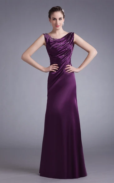 Satin Sleeveless Sheath Floor-Length Formal Gown with Ruching and Beading