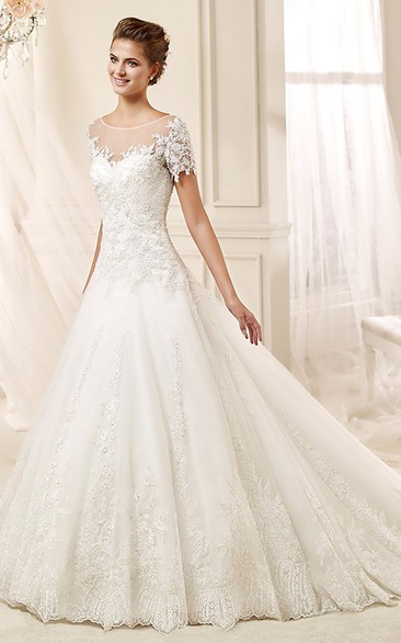 Jewel-neck A-line Wedding Dress with illusive Design and Brush Train