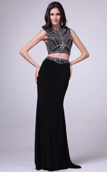 Two-Piece Sheath Maxi Jewel-Neck Sleeveless Jersey Illusion Dress With Crystal Detailing