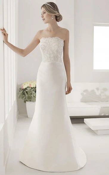 Strapless Lace Top Sheath Satin Bridal Gown With Back Keyhole And Bows