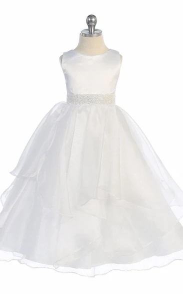 Tea-Length Tiered Beaded Sequins&Organza Flower Girl Dress With Sash