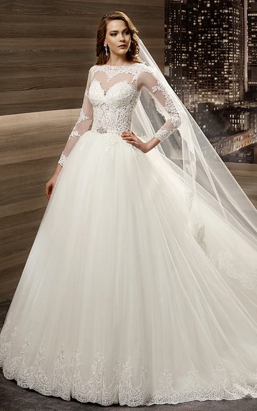A-line Long-sleeve Wedding Gown with Lace Appliques Bodice and Brush Train