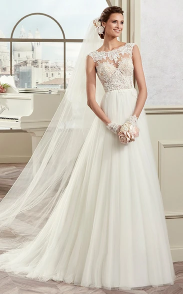 Jewel-Neck Draping Bridal Gown With Illusive Design And Cap Sleeves