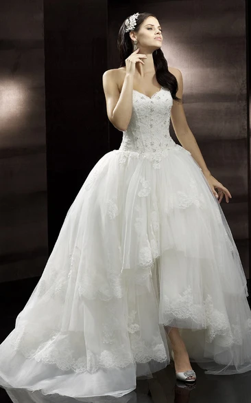 High-Low Sweetheart Tiered Beaded Tulle Wedding Dress With Court Train