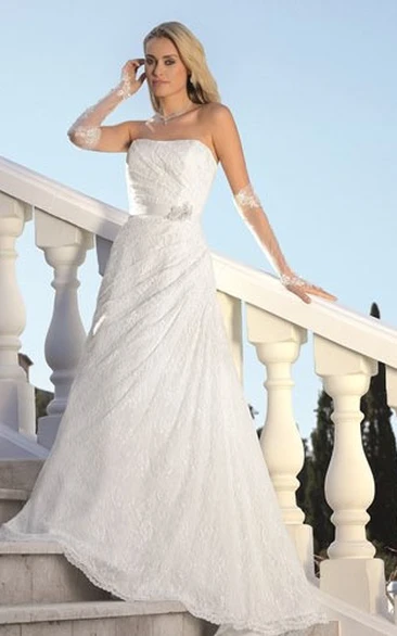 A-Line Strapless Draped Lace Wedding Dress With Broach