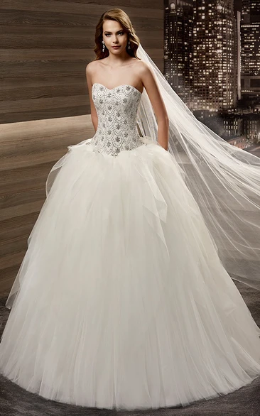 Sweetheart Ruffles A-line Wedding Gown with Floral Beaded Bodice 