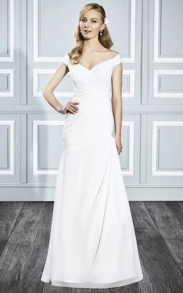 A-Line Floor-Length Off-The-Shoulder Side-Draped Wedding Dress With Beading And Corset Back