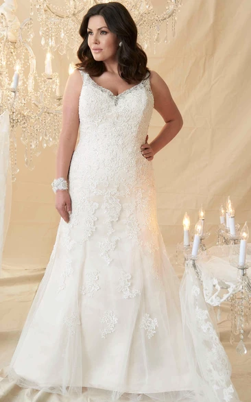 A-Line V-Neck Long-Sleeveless Lace Plus Size Wedding Dress With Appliques And Corset Back