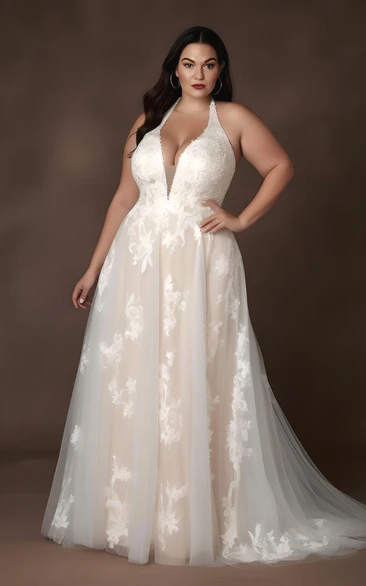 A-Line Lace Tulle Plus Size Wedding Dress Bohemian Elegant V-neck