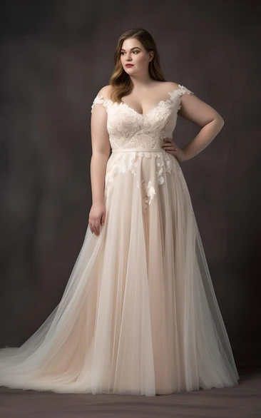 Plus Size A-Line Tulle Wedding Dress Romantic Elegant Sweep Train