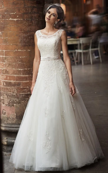 A-Line Maxi Square-Neck Sleeveless Appliqued Tulle&Lace Wedding Dress With Bow