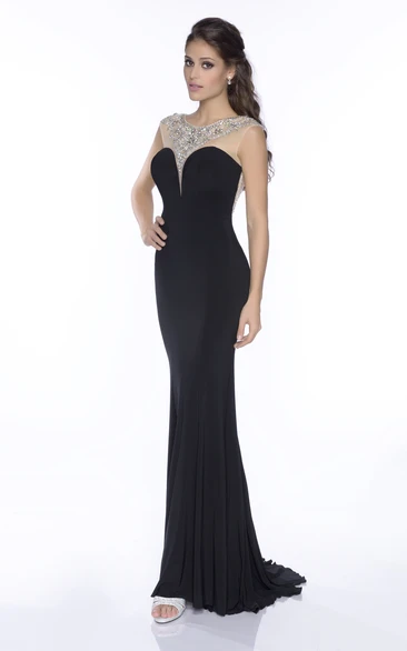 Trumpet Jersey Brush Train Prom Dress With Sophisticated Rhinestones