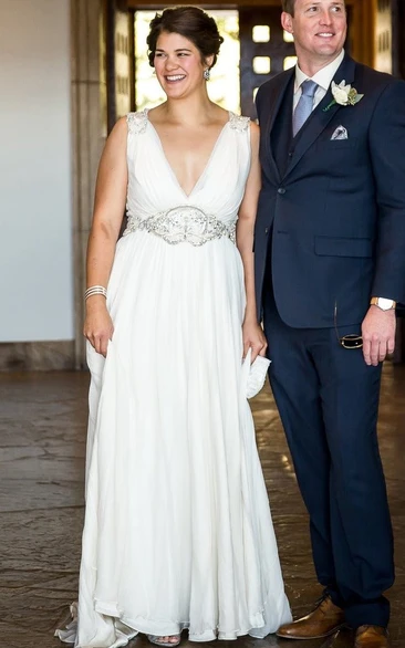 Greek A-Line Chiffon V-neck Wedding Dress With Keyhole Back And Pleats