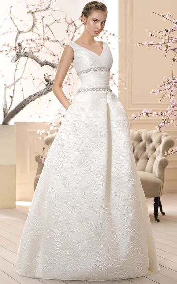 A-Line V-Neck Sleeveless Floor-Length Ruched Wedding Dress With Beading