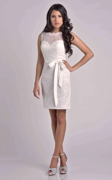 Short Sleeveless Lace Sheath Bridesmaid Dress With Detachable Bow Ribbon