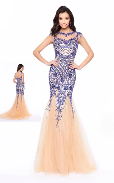 Sheath Scoop-Neck Cap-Sleeve Tulle Court Train Illusion Dress With Beading