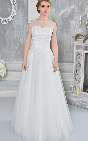 A-Line Appliqued Sleeveless Floor-Length Bateau-Neck Tulle Wedding Dress