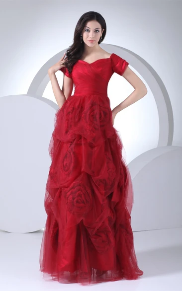 Short-Sleeve A-Line Tulle Prom Gown with Ruffles and Flower