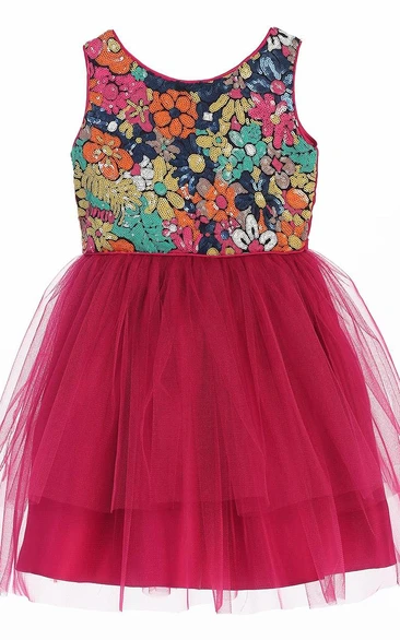 Tea-Length Floral Floral Tulle&Sequins Flower Girl Dress With Ribbon