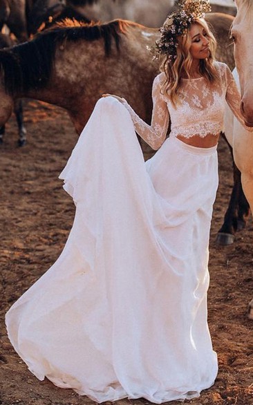Sexy Chiffon Lace Long Sleeve Bateau Two Piece Floor-length Sweep Train Wedding Dress