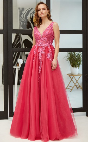 Elegant A Line V-neck Lace Floor-length Open Back Prom Dress with Appliques