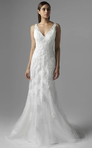 Sheath V-Neck Sleeveless Long Appliqued Lace&Tulle Wedding Dress With Chapel Train And Deep-V Back