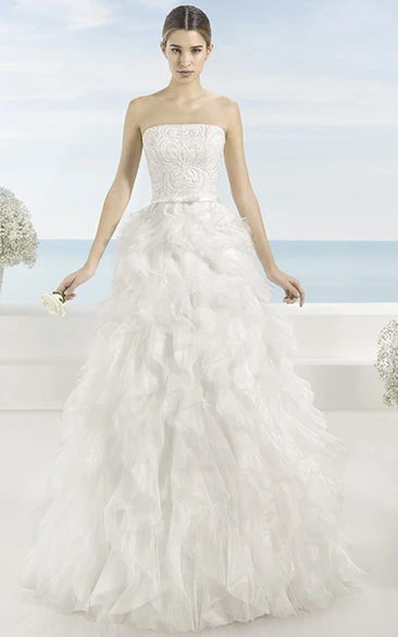 A-Line Sleeveless Cascading-Ruffle Long Strapless Tulle Wedding Dress With Chapel Train