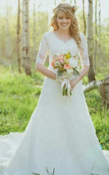 A Line V-neck Lace Zipper Wedding Gown