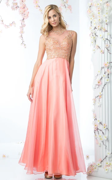 A-Line Ankle-Length Jewel-Neck Satin Illusion Dress With Beading And Pleats