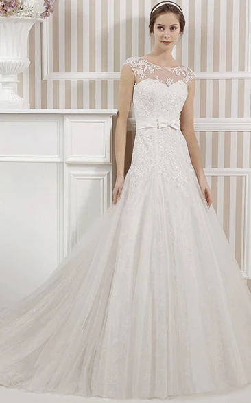 A-Line Long Scoop Appliqued Sleeveless Tulle&Lace Wedding Dress With Bow And Illusion Back