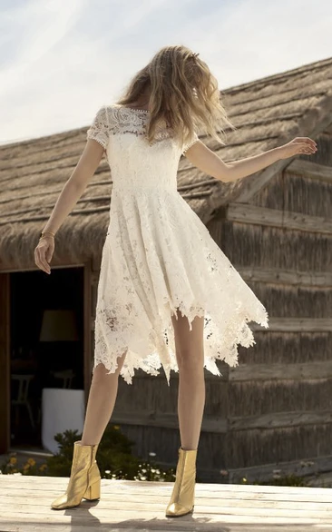 Informal Short Sleeve With Illusion Lace Details Country Knee-length Wedding Dress