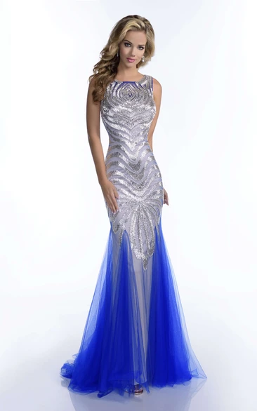 Tulle Mermaid Bateau Neck Sleeveless Shining Sequins Prom Dress With Keyhole Back