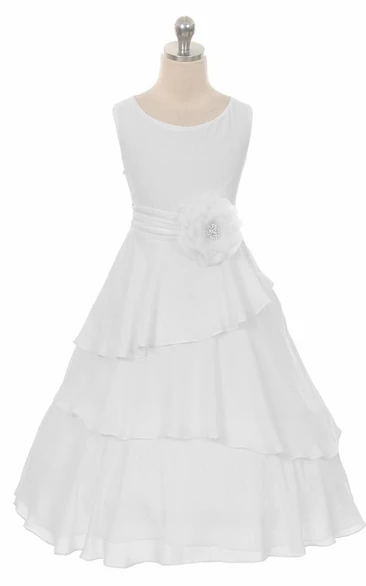 Floral Tea-Length Ruched Floral Chiffon Flower Girl Dress With Sash