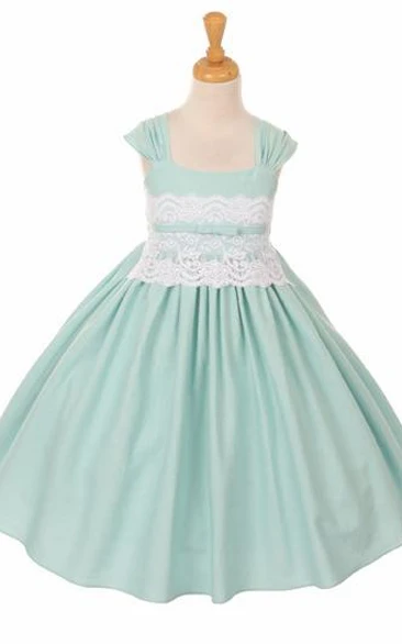 Tea-Length Straps Ruched Appliqued Lace Flower Girl Dress With Tiers