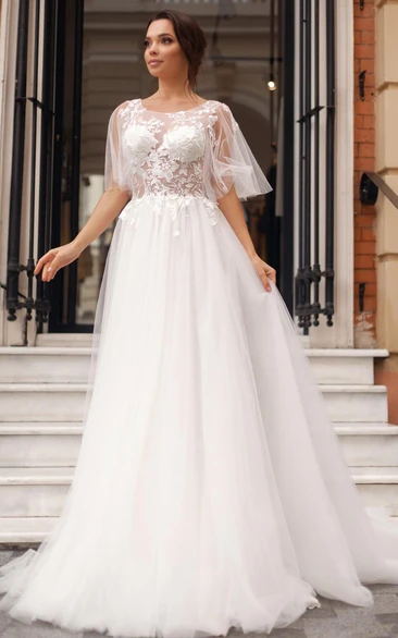Bohemian A Line Tulle and Lace Bateau Sweep Train Wedding Dress with Appliques
