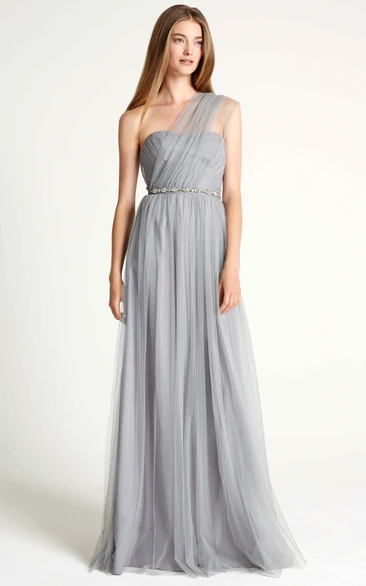 Jeweled One-Shoulder Sleeveless Tulle Bridesmaid Dress With Ruching