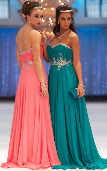 A-Line Sleeveless Ruched Sweetheart Long Chiffon Prom Dress With Beading