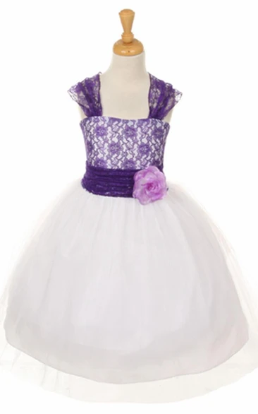 Tea-Length Floral Criss-Cross Tulle&Lace Flower Girl Dress With Straps