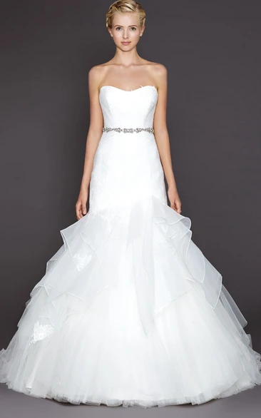 A-Line Strapless Jeweled Tulle Wedding Dress With Ruffles And Lace