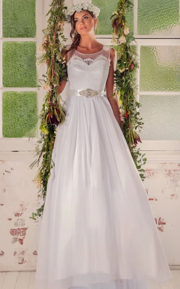 A-Line Scoop-Neck Long Sleeveless Wedding Dress