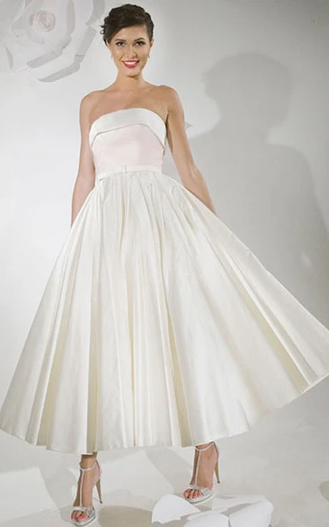 A-Line Tea-Length Strapless Satin Wedding Dress With V Back