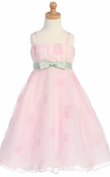 Ruffled Tea-Length Bowed Organza Flower Girl Dress With Embroidery
