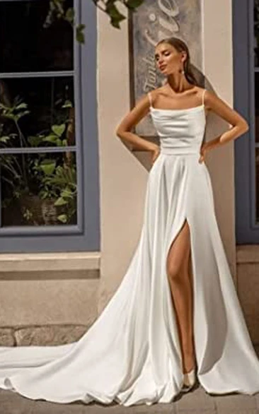 Casual A-Line Satin Wedding Dress with Split Front for Garden Wedding