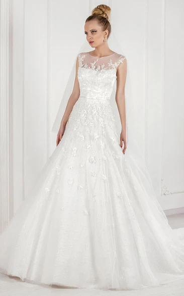 A-Line Scoop Floor-Length Sleeveless Appliqued Tulle Wedding Dress With Illusion Back And Court Train