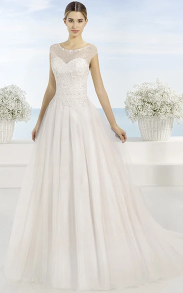 A-Line Scoop-Neck Long-Sleeveless Tulle Wedding Dress With Beading And Illusion