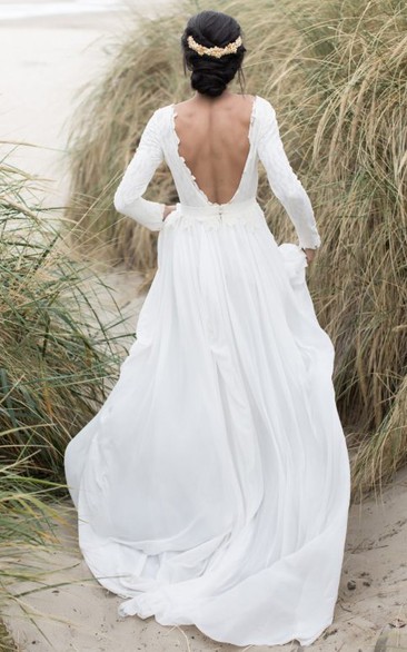 Casual A Line Lace and Chiffon Bateau Sweep Train Wedding Dress with Ruching