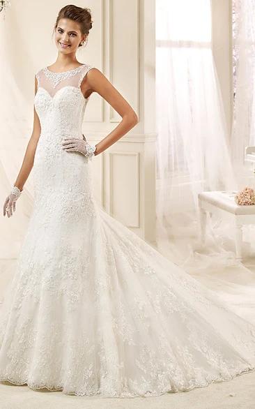 Jewel-Neck Cap-Sleeve Mermaid Wedding Dress With Illusive Design And Court Train