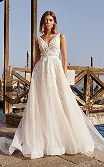Simple A-Line Organza Wedding Dress with V-Neckline and Appliques Beach Wedding Dress
