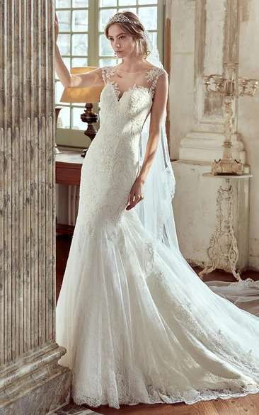 Strap-Neckline Lace Wedding Dress with Open Back and Brush Train