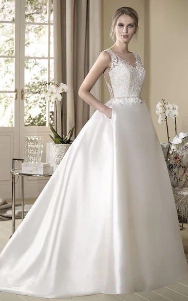 Ball Gown Floor-Length Appliqued V-Neck Sleeveless Satin Wedding Dress